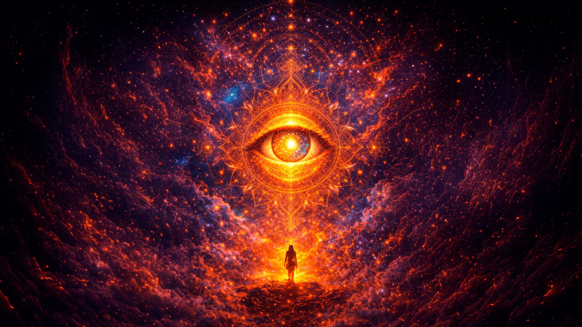 Shamanic ceremony with fire and sacred figures