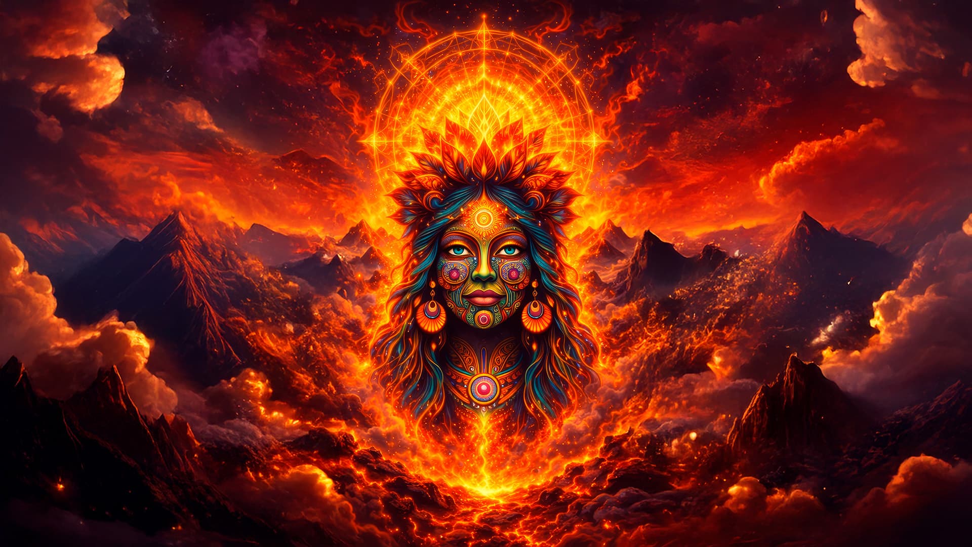 Mystical Paccha Mamma goddess with sacred geometry