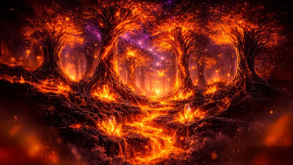 Olho cósmico místico cercado por geometria sagrada e nebulosa de fogo, representando o despertar espiritual do Paccha Mamma